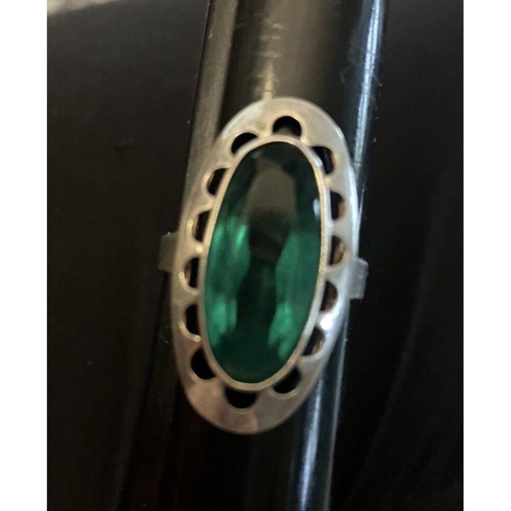 Vintage MCM Green Gemstone Ring Sterling Silver Faceted Marquise Lrg 925 Sz 8.5